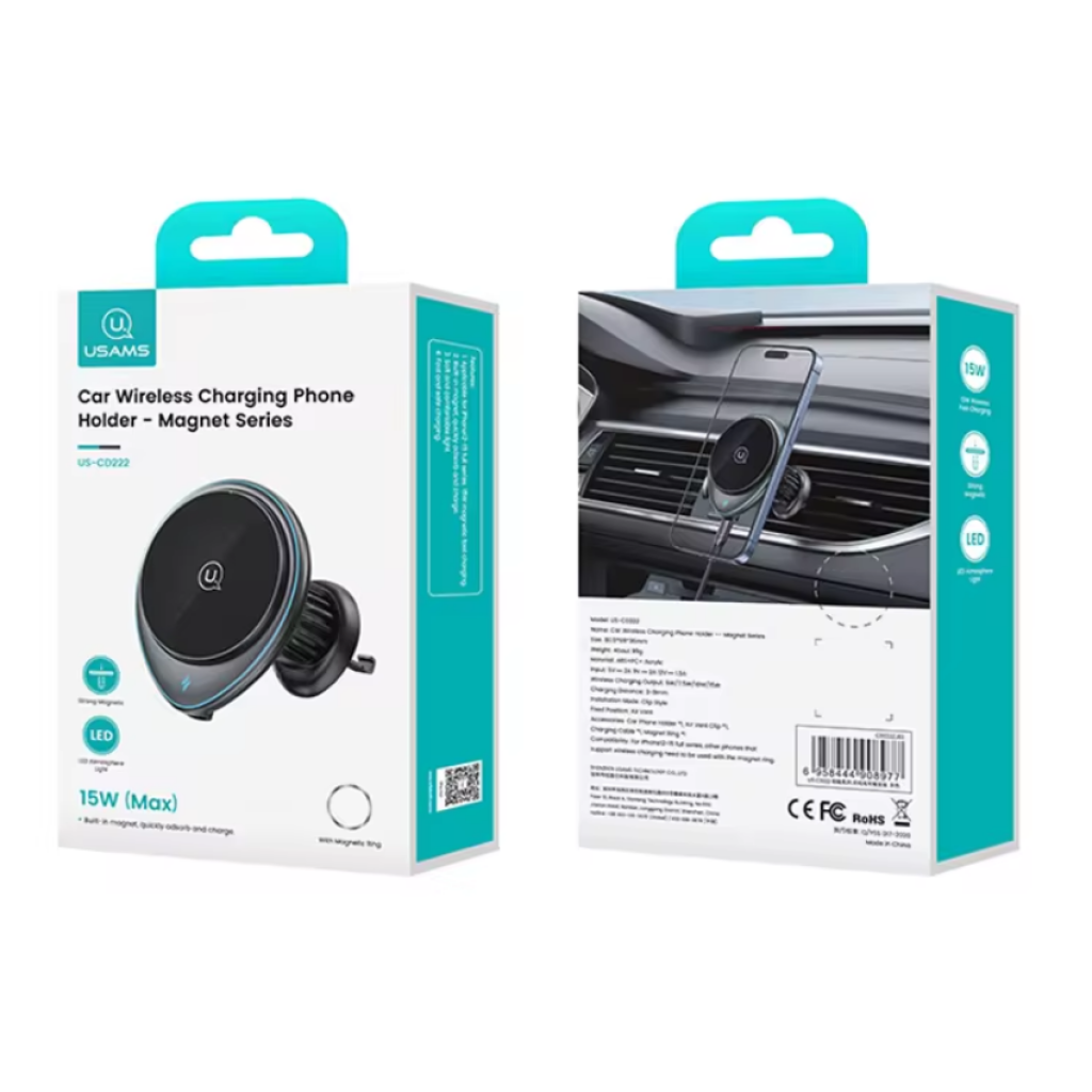 Cargador Magnético para Auto USAMS CD222 - Carga Rápida 15W MagSafe con Luz LED - Imagen 2