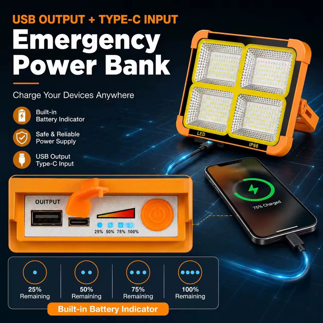 Reflector LED Solar Recargable 30W Portátil IP66 con Power Bank USB y Panel Solar - Imagen 13