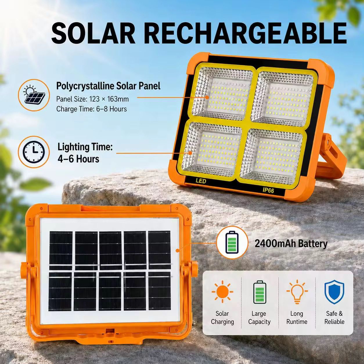 Reflector LED Solar Recargable 30W Portátil IP66 con Power Bank USB y Panel Solar - Imagen 14