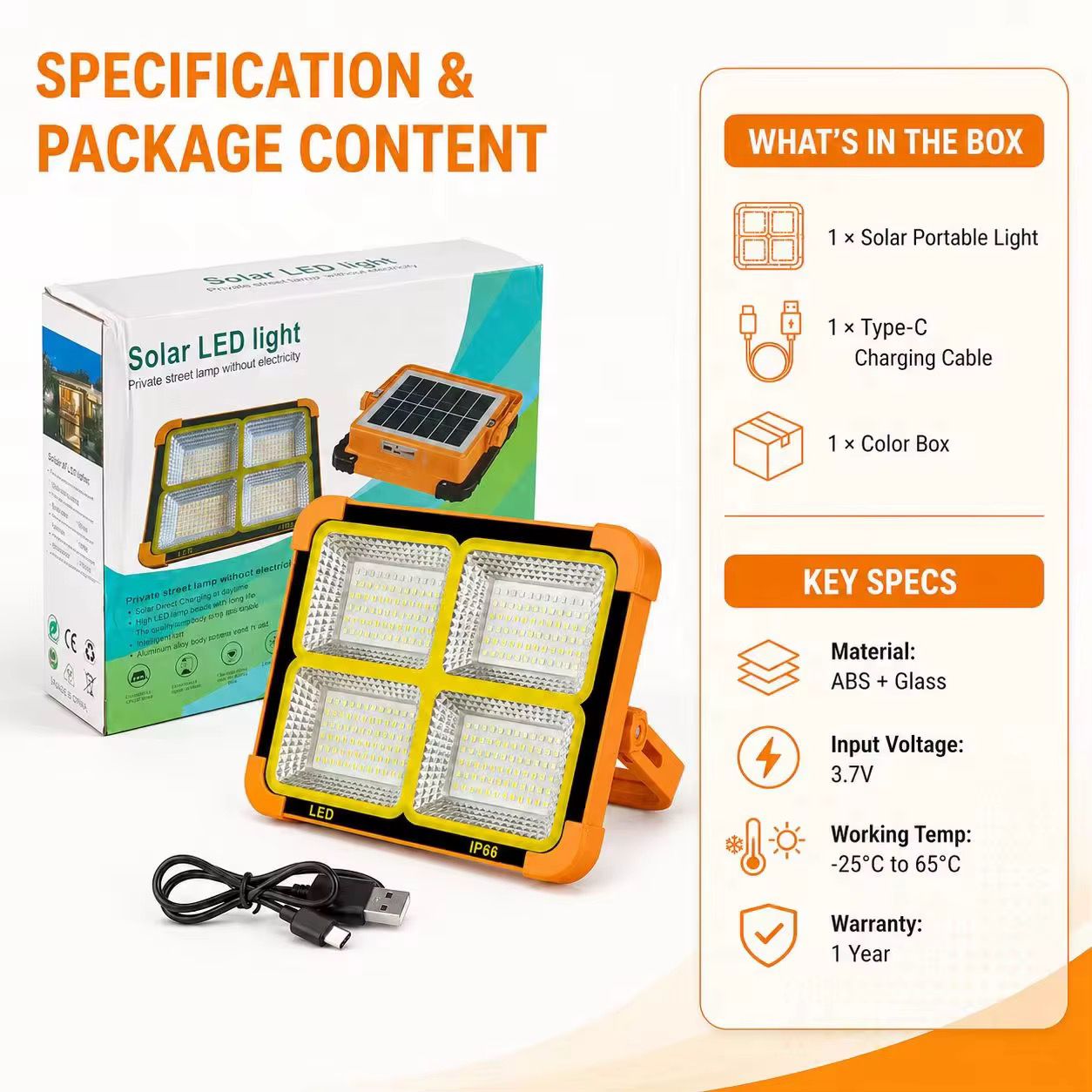 Reflector LED Solar Recargable 30W Portátil IP66 con Power Bank USB y Panel Solar