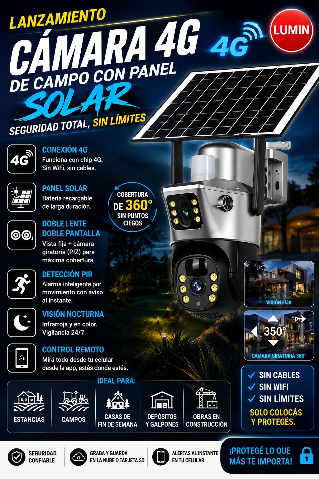 Cámara de Seguridad Solar 4G Doble Cámara con Chip Antel – Sin WiFi - Imagen 4